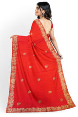 Red Designer Wedding Partywear Georgette Thread Beads Zari Hand Embroidery Work Bridal Saree Sari With Blouse Piece H198