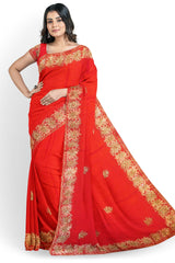 Red Designer Wedding Partywear Georgette Thread Beads Zari Hand Embroidery Work Bridal Saree Sari With Blouse Piece H198