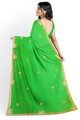 Green Designer Wedding Partywear Georgette Cutdana Stone Zari Hand Embroidery Work Bridal Saree Sari With Blouse Piece H201