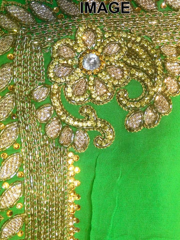 Green Designer Wedding Partywear Georgette Cutdana Stone Zari Hand Embroidery Work Bridal Saree Sari With Blouse Piece H201