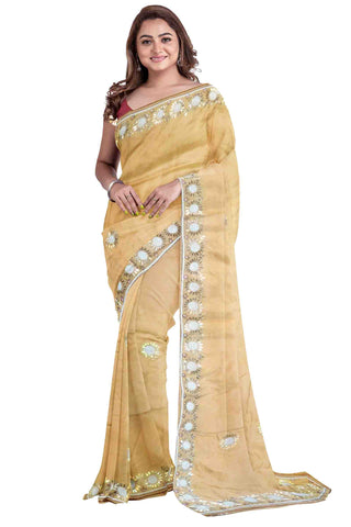 Beige Designer Wedding Partywear Dola Silk Zari Thread Pearl Gotapatti Hand Embroidery Work Bridal Saree Sari With Blouse Piece H205