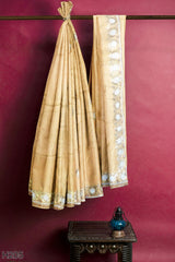 Beige Designer Wedding Partywear Dola Silk Zari Thread Pearl Gotapatti Hand Embroidery Work Bridal Saree Sari With Blouse Piece H205