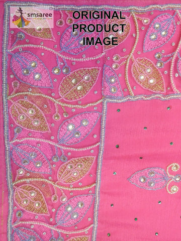 Pink Designer Wedding Partywear Georgette Thread Stone Pearl Hand Embroidery Work Bridal Saree Sari With Blouse Piece H206