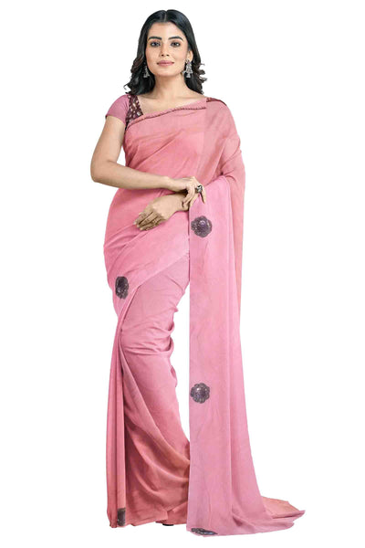 Pink Designer Wedding Partywear Crepe Cutdana Sequence Beads Thread Hand Embroidery Work Bridal Saree Sari With Blouse Piece H208