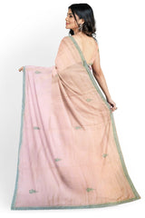 Peach Designer Wedding Partywear Pure Satin Cutdana Stone Pearl Hand Embroidery Work Bridal Saree Sari With Blouse Piece H209