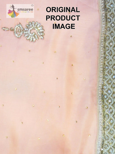 Peach Designer Wedding Partywear Pure Satin Cutdana Stone Pearl Hand Embroidery Work Bridal Saree Sari With Blouse Piece H209