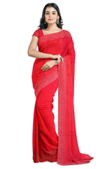 Red Designer Wedding Partywear Pure Satin Pearl Stone Hand Embroidery Work Bridal Saree Sari With Blouse Piece H213