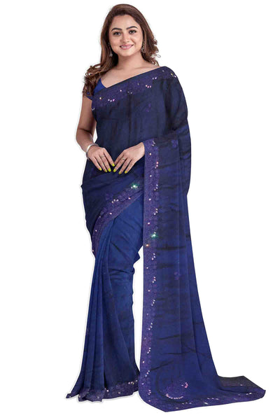 Blue Designer Wedding Partywear Pure Satin Beads Pearl Hand Embroidery Work Bridal Saree Sari With Blouse Piece H214