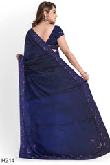 Blue Designer Wedding Partywear Pure Satin Beads Pearl Hand Embroidery Work Bridal Saree Sari With Blouse Piece H214