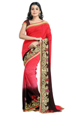 Pink Brown Designer Wedding Partywear Crepe Thread Hand Embroidery Work Bridal Saree Sari With Blouse Piece H224