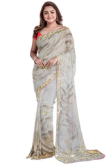 Grey Designer Wedding Partywear Silk Cutdana Beads Hand Embroidery Work Bridal Saree Sari With Blouse Piece H227