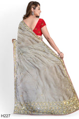Grey Designer Wedding Partywear Silk Cutdana Beads Hand Embroidery Work Bridal Saree Sari With Blouse Piece H227
