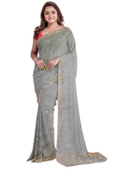 Grey Designer Wedding Partywear Silk Cutdana Beads Hand Embroidery Work Bridal Saree Sari With Blouse Piece H228