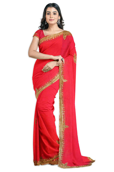 Red Designer Wedding Partywear Pure Georgette Cutdana Sequence Zari Beads Hand Embroidery Work Bridal Saree Sari With Blouse Piece H231