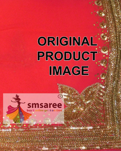Red Designer Wedding Partywear Pure Georgette Cutdana Sequence Zari Beads Hand Embroidery Work Bridal Saree Sari With Blouse Piece H231