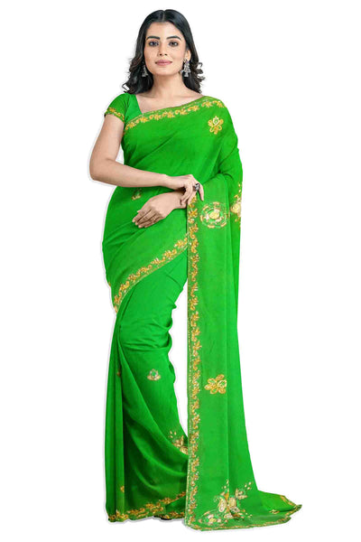 Green Designer Wedding Partywear Pure Georgette Stone Thread Bullion Cutdana Hand Embroidery Work Bridal Saree Sari With Blouse Piece H235