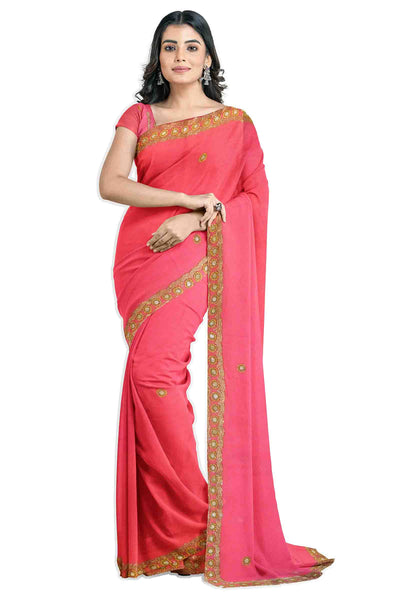 Pink Designer Wedding Partywear Pure Georgette Stone Thread Cutdana Hand Embroidery Work Bridal Saree Sari With Blouse Piece H236