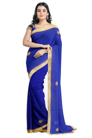 Blue Designer Wedding Partywear Pure Georgette Stone Beads Zari Pearl Hand Embroidery Work Bridal Saree Sari With Blouse Piece H237