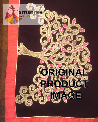 Coffee Brown Pink Designer Wedding Partywear Pure Georgette Stone Thread Hand Embroidery Work Bridal Saree Sari With Blouse Piece H240
