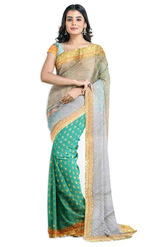 Grey Turquoise Designer Wedding Partywear Georgette Zari Stone Thread Hand Embroidery Work Bridal Saree Sari With Blouse Piece H245