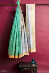 Grey Turquoise Designer Wedding Partywear Georgette Zari Stone Thread Hand Embroidery Work Bridal Saree Sari With Blouse Piece H245