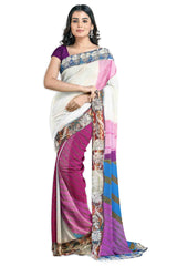 White Pink Blue Laheria Print Designer Wedding Partywear Pure Georgette Thread Zari Hand Embroidery Work Bridal Saree Sari With Blouse Piece H247