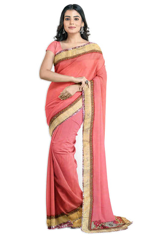 Pink Designer Wedding Partywear Pure Georgette Thread Zari Sequence Beads Hand Embroidery Work Bridal Saree Sari With Blouse Piece H249