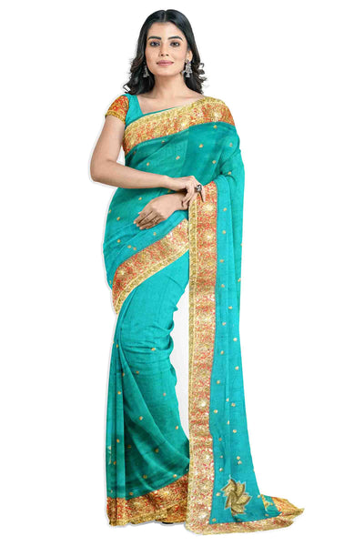 Turquoise Designer Wedding Partywear Silk Zari Sequence Stone Beads Hand Embroidery Work Bridal Saree Sari With Blouse Piece H251