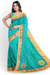 Turquoise Designer Wedding Partywear Silk Zari Sequence Stone Beads Hand Embroidery Work Bridal Saree Sari With Blouse Piece H251