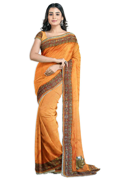 Peach Designer Wedding Partywear Silk Zari Sequence Stone Beads Hand Embroidery Work Bridal Saree Sari With Blouse Piece H252