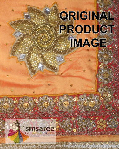 Peach Designer Wedding Partywear Silk Zari Sequence Stone Beads Hand Embroidery Work Bridal Saree Sari With Blouse Piece H252
