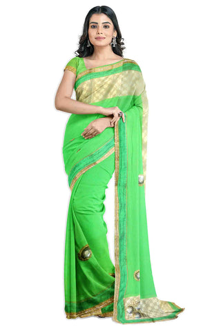 Green Designer Wedding Partywear Pure Georgette Zari Sequence Stone Pearl Hand Embroidery Work Bridal Saree Sari With Blouse Piece H254