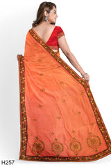 Peach Designer Wedding Partywear Satin Zari Sequence Stone Beads Hand Embroidery Work Bridal Saree Sari With Blouse Piece H257