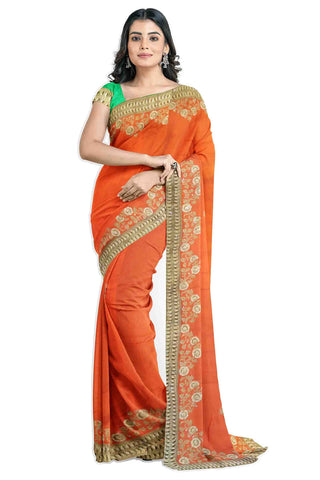 Peach Designer Wedding Partywear Pure Dola Silk Sequence Thread Pearl Cutdana Hand Embroidery Work Bridal Saree Sari With Blouse Piece H259