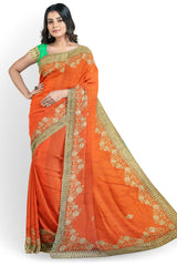 Peach Designer Wedding Partywear Pure Dola Silk Sequence Thread Pearl Cutdana Hand Embroidery Work Bridal Saree Sari With Blouse Piece H259