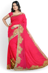 Pink Designer Wedding Partywear Pure Georgette Zari Thread Sequence Cutdana Hand Embroidery Work Bridal Saree Sari With Blouse Piece H264