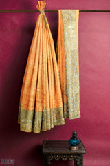 Peach Designer Wedding Partywear Silk Stone Zari Hand Embroidery Work Bridal Saree Sari With Blouse Piece H266
