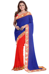Blue Red Designer Wedding Partywear Pure Crepe Sequence Zari Pearl Stone Hand Embroidery Work Bridal Saree Sari With Blouse Piece H268