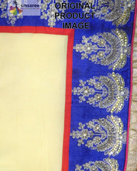 Cream Designer Wedding Partywear Pure Georgette Stone Pearl Thread Cutdana Hand Embroidery Work Bridal Saree Sari With Blouse Piece H270