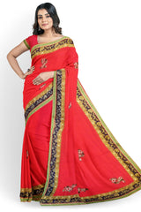 Red Designer Wedding Partywear Pure Georgette Thread Zari Beads Hand Embroidery Work Bridal Saree Sari With Blouse Piece H273