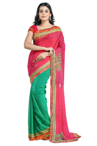Pink Turquoise Designer Wedding Partywear Pure Crepe Thread Zari Beads Hand Embroidery Work Bridal Saree Sari With Blouse Piece H274