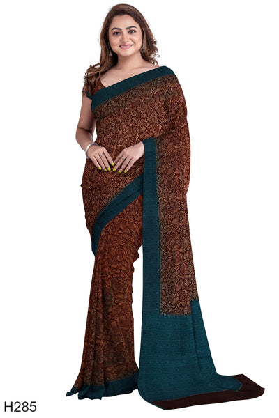 Multicolour Designer Wedding Partywear Pure Crepe Hand Brush Printed Hand Embroidery Work Bridal Saree Sari Without Blouse Piece H285
