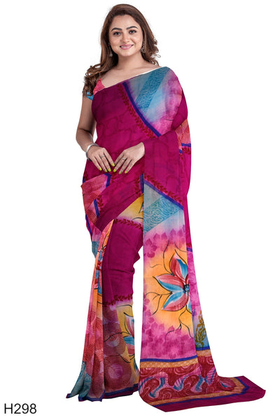 Multicolour Designer Wedding Partywear Pure Crepe Hand Brush Printed Hand Embroidery Work Bridal Saree Sari Without Blouse Piece H298