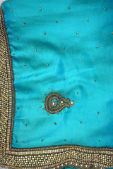 Aqua Blue Designer Wedding Partywear Silk Stone Beads Hand Embroidery Work Bridal Saree Sari With Blouse Piece H301