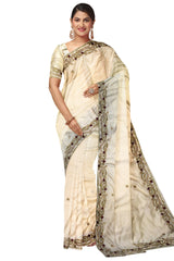 Cream Designer Wedding Partywear Silk Thread Cutdana Stone Bullion Hand Embroidery Work Bridal Saree Sari With Blouse Piece H302