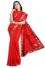 Red Designer Wedding Partywear Silk Beads Sequence Thread Cutdana Hand Embroidery Work Bridal Saree Sari With Blouse Piece H307