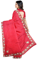 Red Designer Wedding Partywear Silk Beads Sequence Thread Cutdana Hand Embroidery Work Bridal Saree Sari With Blouse Piece H310