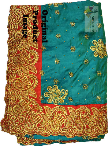Blue Designer Wedding Partywear Silk Zari Stone Hand Embroidery Work Bridal Saree Sari With Blouse Piece H314