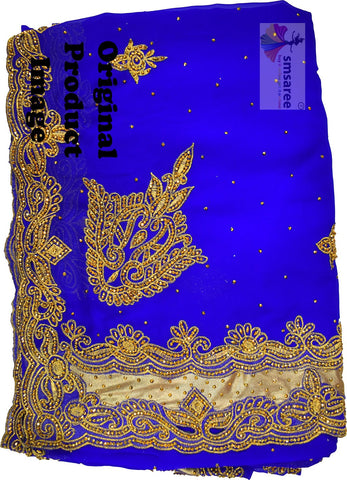Blue Designer Wedding Partywear Silk Zari Stone Hand Embroidery Work Bridal Saree Sari With Blouse Piece H316