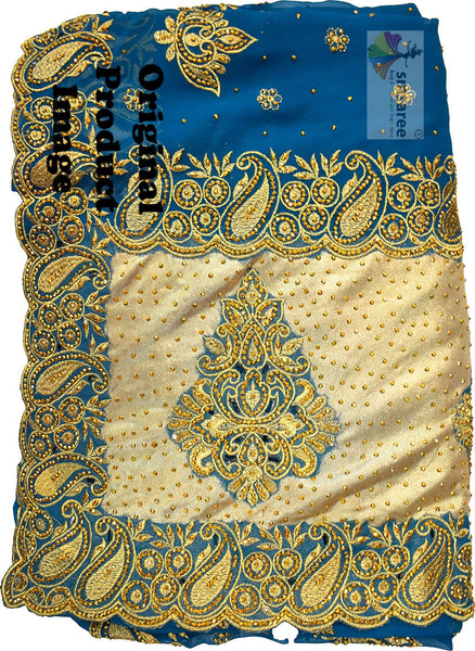 Blue Designer Wedding Partywear Silk Zari Stone Hand Embroidery Work Bridal Saree Sari With Blouse Piece H317